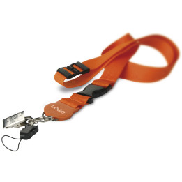 Lanyard poliéster con cierre seguridad, pinza metal y porta móvil