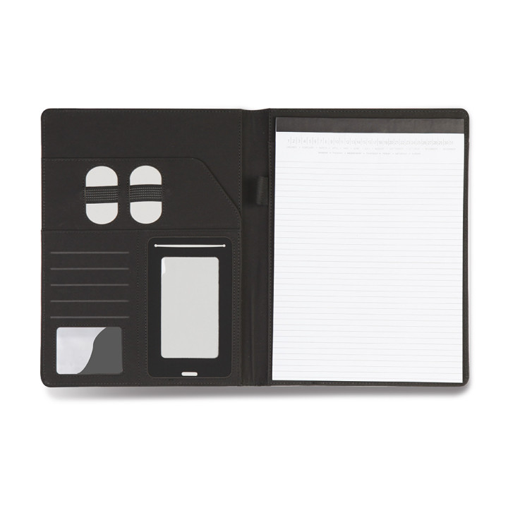 Carpeta para notas tamaño a4, con bloc de notas y bolsillos interiores.